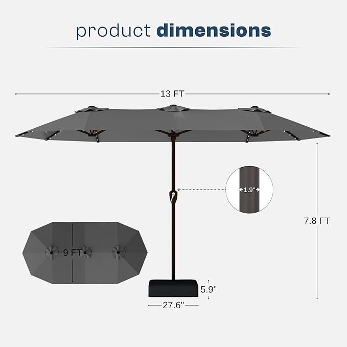 13FT Double-Sided Patio Umbrella with 48 Solar LED Lights, Large Rectangular Outdoor Market Umbrella with Crank Handle, Vented Canopy, Heavy-Duty 12 Rib Steel Frame, for Backyard, Garden, Pool, Grey