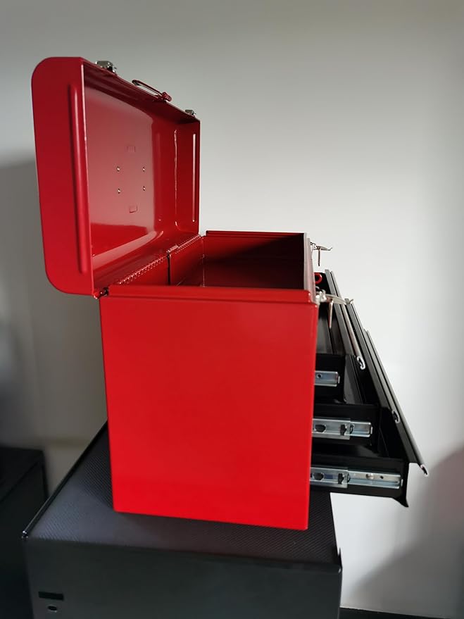 20.3¡° Metal Tool Box with Drawer Portable Steel Tool Box with Protective Liner and Latch Closure and Lock for Garage, Home and Warehouse (Red & Black-3 Drawers)