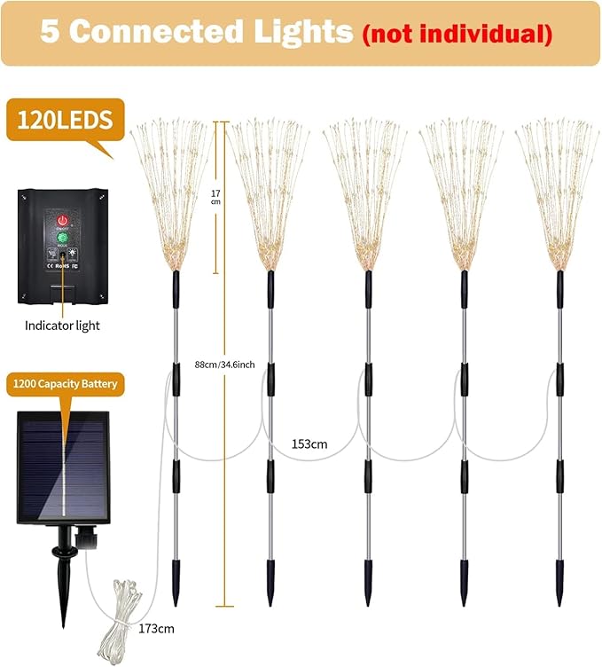 Solar Garden Lights, Firework Light Outdoor 5 Pack 120 LED Solar Waterproof Decorative Starburst Lights Landscape Lamp 18 Hours Working Time, Decor for Courtyard Garden Christmas Party (warm white)