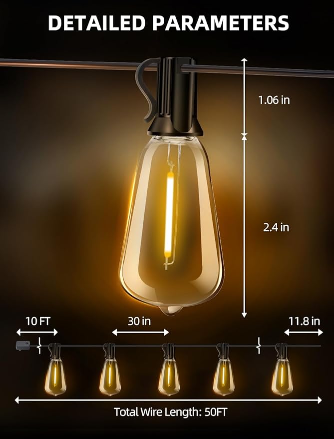 Outdoor Patio String Lights: 50Ft 15M Outside Waterproof Light - Remote Dimmable ST38 Shatterproof Bulb Connectable Hanging Outdoor Electric Lighting - Backyard Yard Gazebo Porch Party