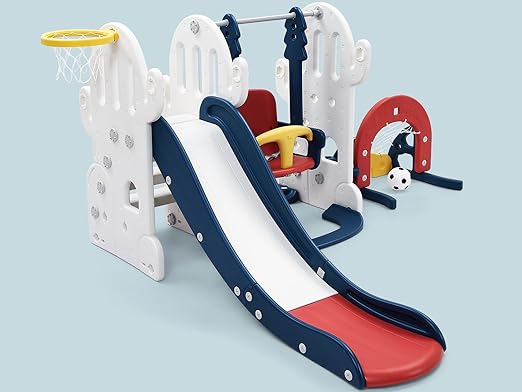 7-in-1 Toddler Playground Set ? Indoor Outdoor Slide, Adjustable Swing, Basketball Hoop, Climber, Ring Toss, Soccer, Golf ? Multifunctional Cactus Playset for Kids Ages 1-3, Blue ? Freestanding Activi