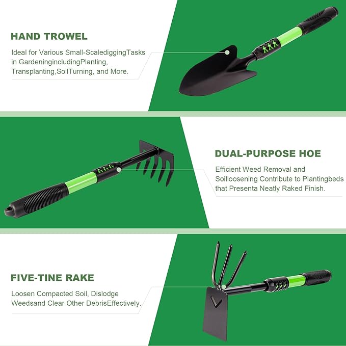 Garden Tool Set, 3 Pack Gardening Tools, Stainless Steel Heavy Duty Hand Cultivator, Hoes, Shovel, for Planting Weeding Digging, Green