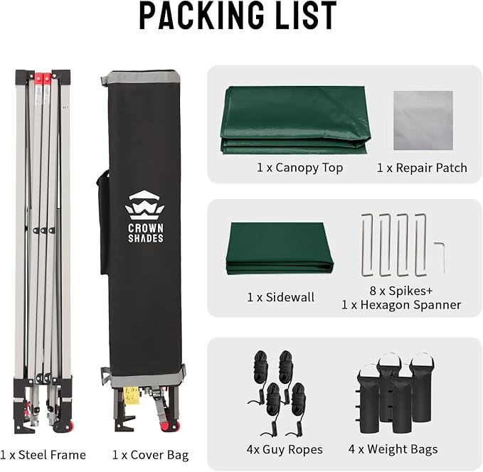 CROWN SHADES 10x10 Pop Up Canopy with 1 Side Wall - Beach Tent with One Push Setup - Outdoor Sun Shade for Events, Parties, Camping - Gazebo with STO-N-Go Cover Bag (Forest Green)
