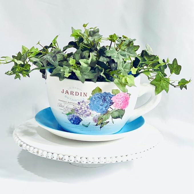 7.5" Ceramic Teacup Planter Pot with Saucer | Ideal for Succulents, Orchids, Herbs & Flowers | Indoor Use| Thoughtful Gift for Christmas, Birthday & More – Blue Hydrangea Jardin