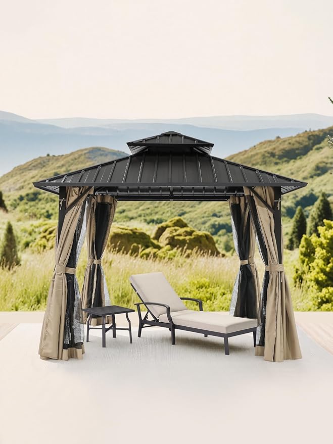 12' x 12' Hardtop Gazebo, Aluminum Frame Patio Hardtop Gazebos with Netting and Curtain, Outdoor Patio Pergola, Outdoor Patio Gazebo with Double Metal Roofs for Lawns, Garden, Deck, Sandstone