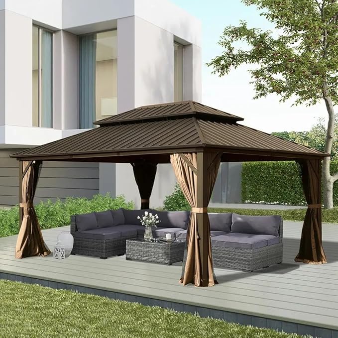 Domi Hardtop Gazebos 12x14FT, Aluminum Metal Gazebo with Galvanized Steel Double Roof Canopy, Curtain and Netting, Permanent Gazebo Pavilion for Patio, Backyard, Deck and Lawn, Brown