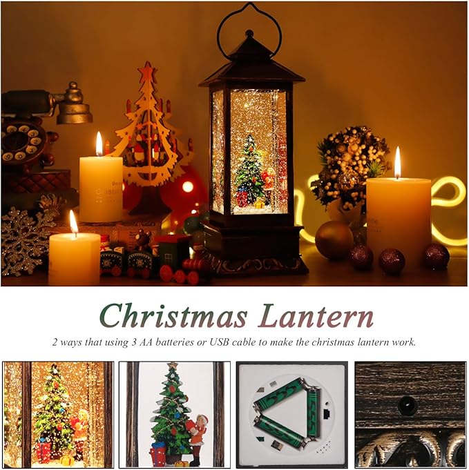 Christmas Snow Globe Lantern Christmas Decorations, Xmas Gifts Christmas Vintage Home Decor Indoor,Christma Lantern Sparkling with Music 6H Timer, Holiday Party Gifts(Christmas Tree)