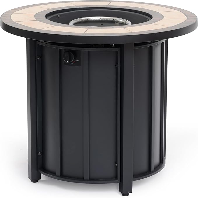 30'' Marble Ceramic Round Propane Fire Pit Table, 50,000 BTU Gas FirePit for Outdoor, Fire Table with Lid, Warmth & Ambience to Gatherings and Parties On Patio Deck Garden Backyard, Black.