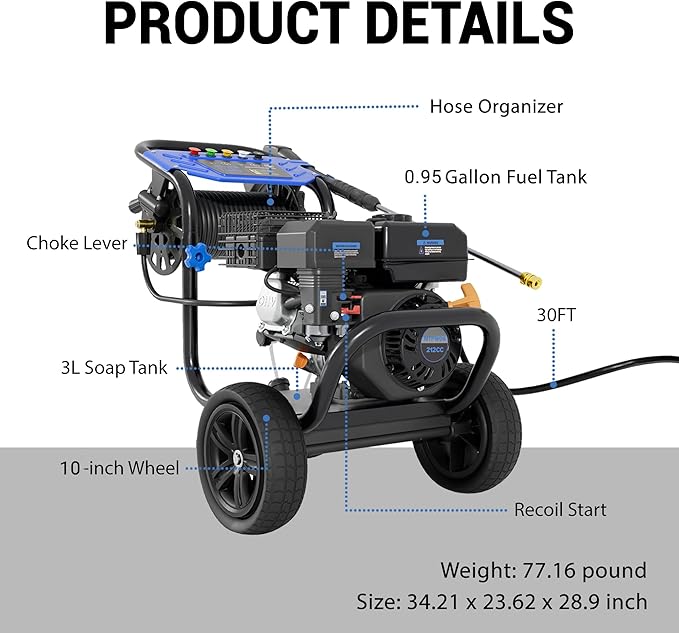 Gas Pressure Washer, 3600 PSI 2.3GPM Gas Powered Pressure Washer 212CC 4-Stroke OHV Engine, 30ft Hose&Reel 5 Nozzles Commercial High Pressure Washer for Cars Fences Driveways Patios Furniture
