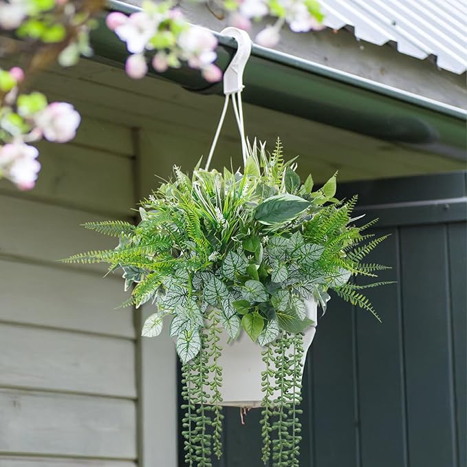 16 Bundles Artificial Greenery Stems for Outdoors Faux Plants UV Resistant Fake Leaves Bushes with Hanging Plants for Outside Porch Window Box Home Garden Decor (13.8")