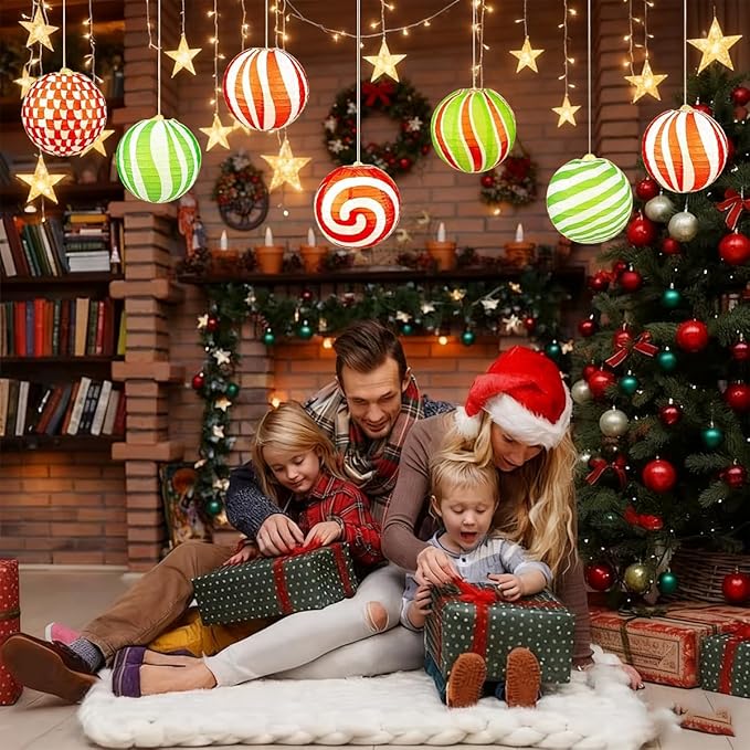 12 PCS Peppermint Christmas Paper Lanterns 12 Inch Round Red Green Xmas Hanging Paper Lanterns Set Candy Canes Lantern Party Decorations for Xmas Indoor Outdoor