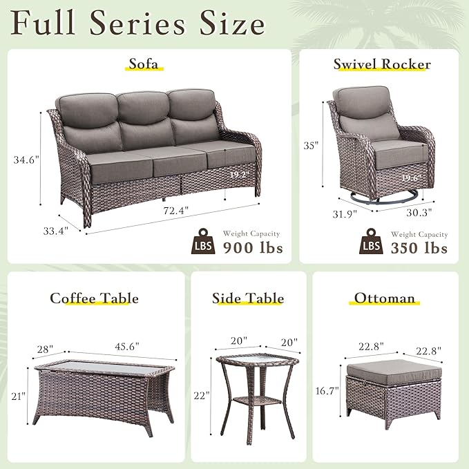 Luxury High Back Outdoor Furniture with 6-inch Extra Thick Cushions, Patio Furniture Set with Swivel Chairs, 4 PCS Wicker Conversation Set for Yard, Deck, Poolside, Brown/Grey