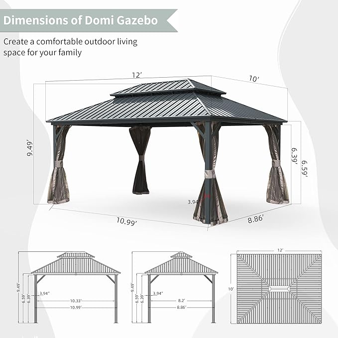 Domi Hardtop Gazebos 10x12FT, Aluminum Metal Gazebo with Galvanized Steel Double Roof Canopy, Curtain and Netting, Permanent Gazebo Pavilion for Patio, Backyard, Deck and Lawn, Grey