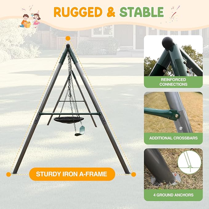 700 lbs Swing Set Outdoor for Kids with Saucer Swing and Belt Swing, Metal Swingset with 3 Frame Stand and Adjustable Rope, Heavy Duty 8FT Sets for Backyard Playground, Ages 3+