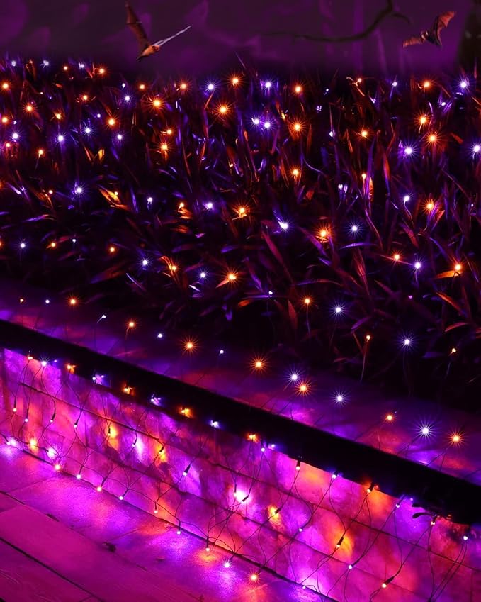 Joomer 12ft x 5ft 360LED Orange Purple Halloween Net Lights Outdoor Mesh Lights, 8 Modes Timer Connectable Waterproof Bush Light Mesh Netting Light for Halloween Outdoor Decorations (Green Wire)