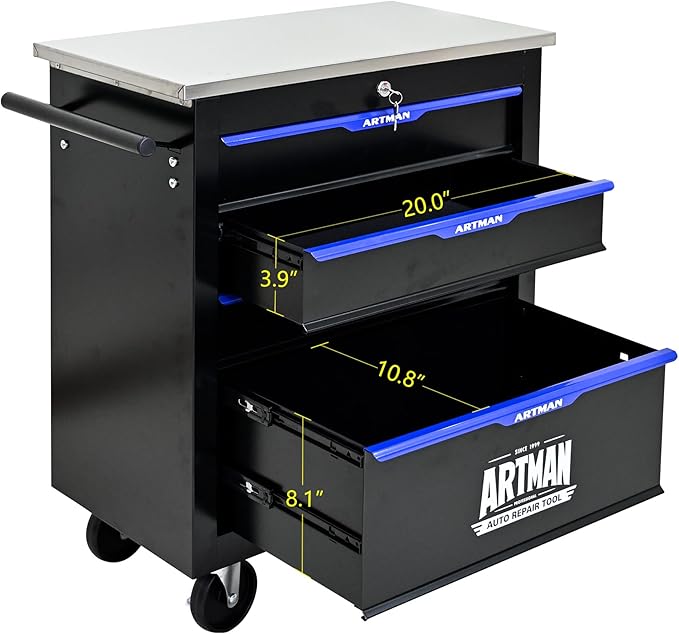RYH 4/5/6/7 Drawers Rolling Tool Chest -Heavy Duty Mobile Metal Tool Box with Locking Wheels, with Stainless Steel Worktop, Garage Tool Storage Cabinet (Black-Blue, 4-Drawers 30.7 H¡¿25.9 W)