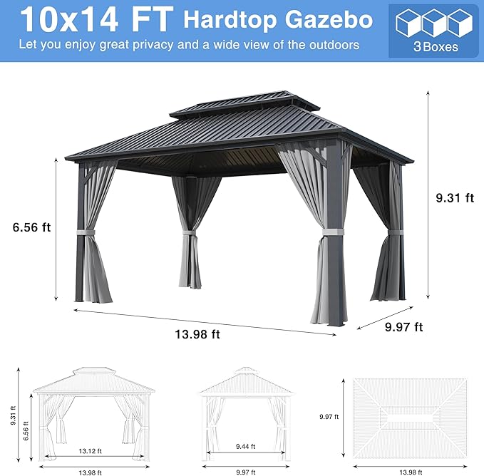10x14 FT Gazebo Hardtop Gazebo, Aluminum Pergola with Double Galvanized Steel Roof, Curtains and Netting Included, Outdoor Gazebos Canopy for Patio, Backyard, Deck, Lawn,Grey