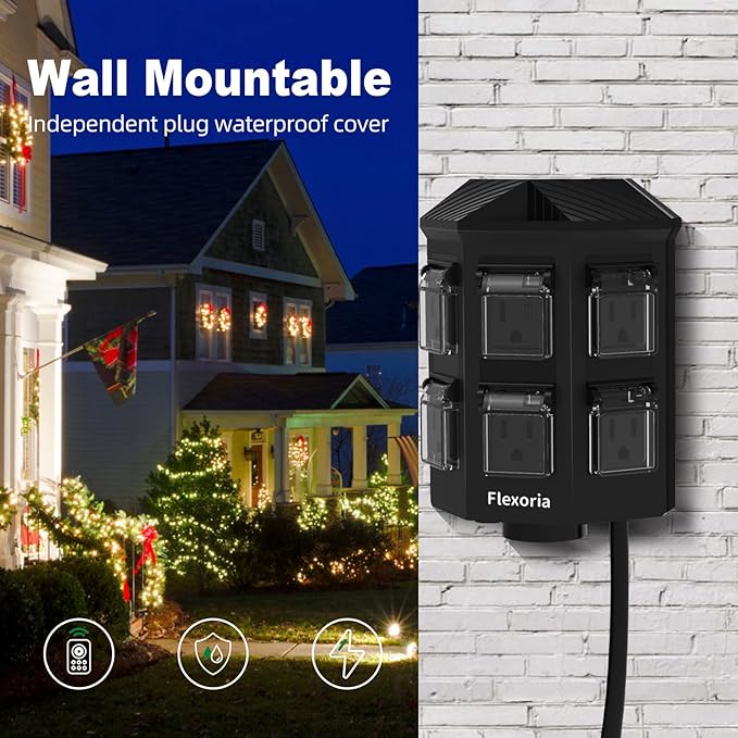 Outdoor Power Stake Timer, Remote Control Dusk to Dawn Light Timer, 60FT Extension Cord Waterproof, 6 Grounded Outlets for Outdoor Christmas Decorations, ETL Listed