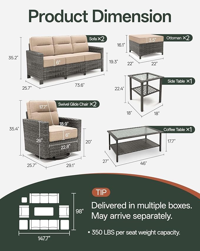 Luxury 8-Piece Patio Furniture Set with 6-Inch Thick Cushions, Outdoor Couch and Swivel Rocker Chairs, Wicker Conversation Set for Porch, Deck, Yard, Pool in Beige