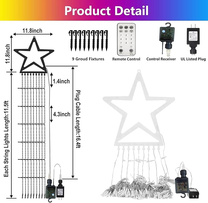 Decute Outdoor Christmas Decorations Star String Lights Color Changing Timer with Remote, Waterproof 320 Led Tree Toppers Fairy Lights for Yard Garden Backyard Holiday Decor Cool White + Multi-Color