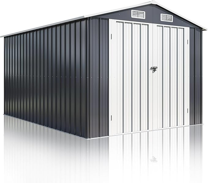 8x12 FT Outdoor Storage Shed, Metal Garden Tool Shed with Updated Frame Structure and Lockable Doors, Ideal for Backyard Garden Patio Lawn, Grey