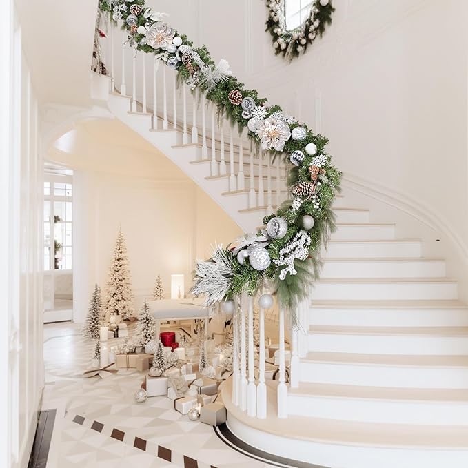 WBHome Pre-lit 6 Feet/72 Inch Christmas Garland, White & Silver Lighted Garland with 35 LED Lights for Indoor Outdoor Xmas Decor Holiday Decorations, Battery Operated (Batteries NOT Included)