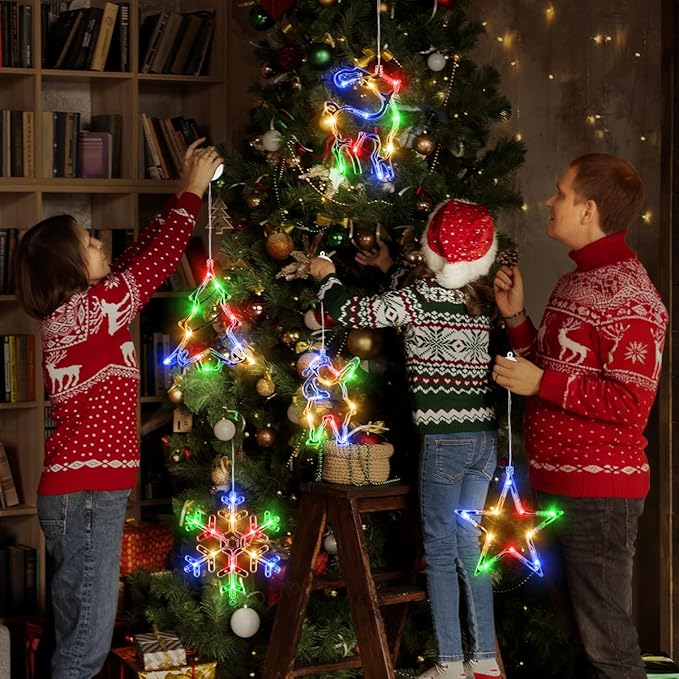 5Pcs Christmas Window Lights, Battery Powered Twinkle Lights Christmas Decorations Indoor Outdoor for Wall Door Porch Balcony Glass Decor with Suction Cup & Timer