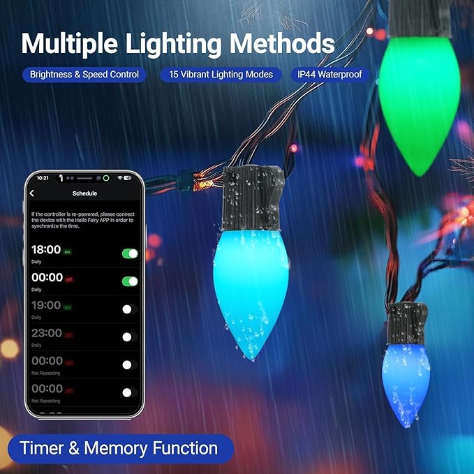 C9 Christmas Lights Outdoor, 66FT 100 LED RGB Color Smooth Changing Bulbs,App Bluetooth Music Sync, DIY Scenes & Timers, IP44 Waterproof Roofline Eaves Porch Fence Decorations