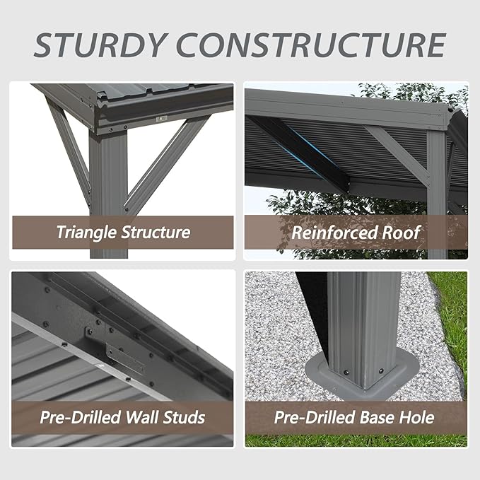Domi 8'x8' Lean to Gazebo Hardtop, Expandable Wall Mounted Pergola with Gutters & Galvanized Steel Roof, 60MPH Wind Resistance, Outdoor Metal Heavy Duty Metal Awning for Patio, Deck, Backyard - Grey