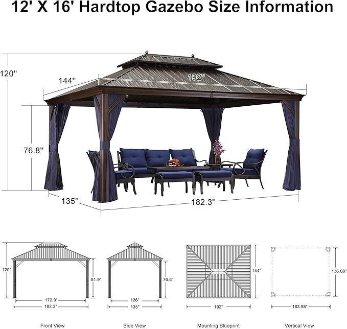 PURPLE LEAF 12' X 16' Permanent Hardtop Gazebo for Patio with Netting and Curtains Deck Backyard Heavy Duty Sunshade Metal Roof All Weather Outdoor Pavilion Canopy