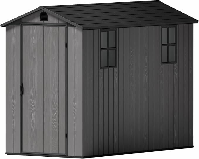 Greesum 4x8FT Plastic Outdoor Storage Shed with Floor, Resin Storaged Sheds with Lockable Door, Window & Vent, All-Weather Tool Sheds for Garden, Backyard, Patio, Dark Gray (One-Piece Panel)
