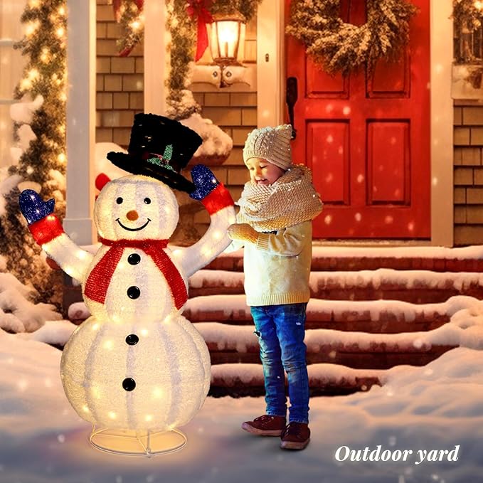 VINGLI 4FT Lighted Snowman Christmas Decorations w/ 120 LED Lights, Auto Take on/Off Hat, Pop-up Snowman Ornaments with Ground Stakes for Outside Holiday Indoor Decor