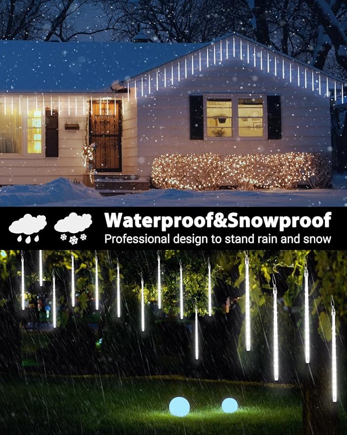 Flacchi Cool White 20 Tubes Meteor Shower Icicle Lights 480 LED Raindrop Lights with Timer Function Cascading Falling Rain Light for Holiday Party Christmas Decorations