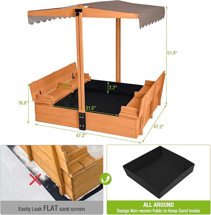 Kids Sandbox Outdoor Large Sand Box with Canopy, Sand Pit with 2 Foldable Bench Seats, for Aged 3-8 Years Old
