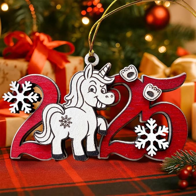 Unicorn 2025 Wooden Christmas Tree Ornament โ Cute Fantasy Horse Holiday Decoration for Girls & Kids, Magical Unicorn, Wooden Xmas Ornament for Tree, Friends & Family