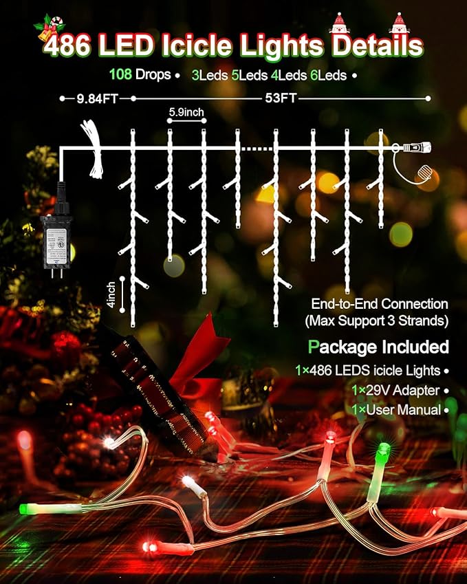 2 Pack 53FT 486 LED Christmas Lights Outdoor, Plug in Waterproof Christmas Lights for Outside, Timer & Memory, 8 Modes Hanging Fairy Lights for House Eaves Yard Patio Red Green and Cool White