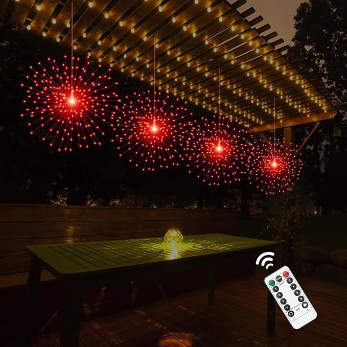 2 Pack Starburst Sphere Lights,200 LLED Firework Lights, 8 Modes Dimmable Remote Control Waterproof Hanging Fairy Light, Copper Wire Light for Patio Parties Christmas (Red)