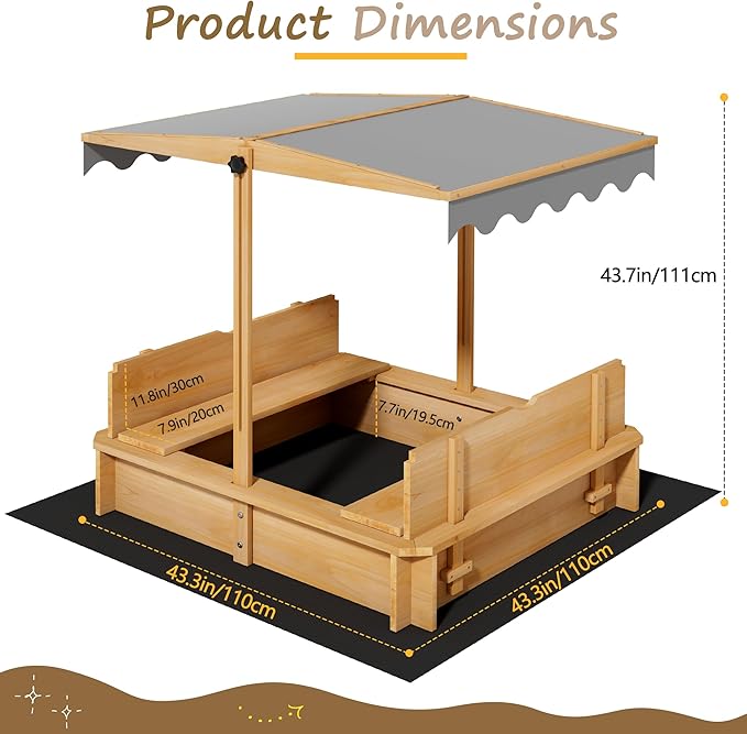 Sandbox with Lid & Cover, Wooden Kids Outdoor Sand Box with Height-Adjustable UV-Resistant Canopy, 2 Foldable Bench Seats & Bottom Liner, 43x43 Inch, Perfect for Backyard, Beach, Garden Play