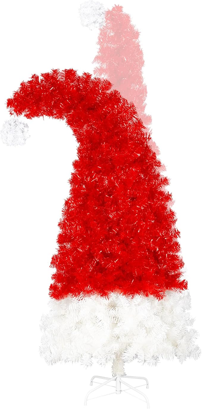 Merax 7FT Prelit Red Christmas Tree, Santa Hat Elf Hat Whimsical Christmas Tree Prelit with 400 Lights, 1250 Tips for Holiday Decor (Red)