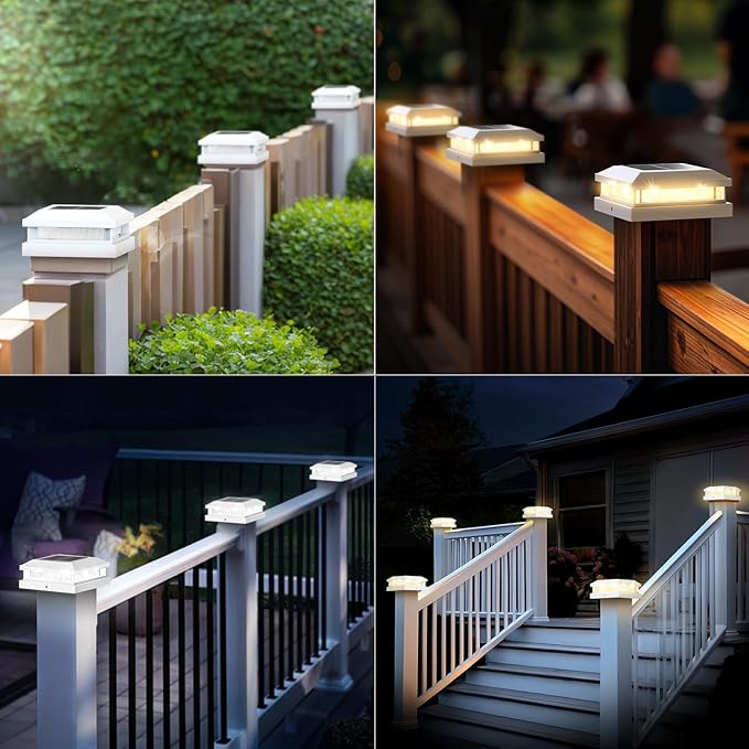 Brightever 4x4 Solar Post Cap Lights Outdoor, Waterproof Solar Powered Fence Post Lights for 5x5 Vinyl/Wooden, White Outside 16LEDs Warm/Cool Lighting Deck Light for Garden, Patio, Porch, 12-Pack