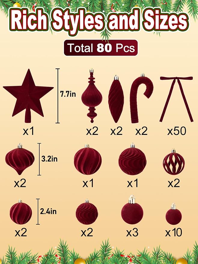 80Pcs Velvet Star Topper & Ornaments for Christmas Tree Decorations - 1 Topper Star, 2 Candy Canes, 27 Flocked Shatterproof Balls and 50 Bows (Burgundy)