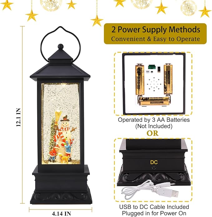 Snow Globes Christmas Lantern, Christmas Decorations Musical Snow Globe Lantern, LED Lighted USB or Battery Operated Spinning Water Glitters Lighted Singing Lantern Christmas Home Decor and Xmas Gift