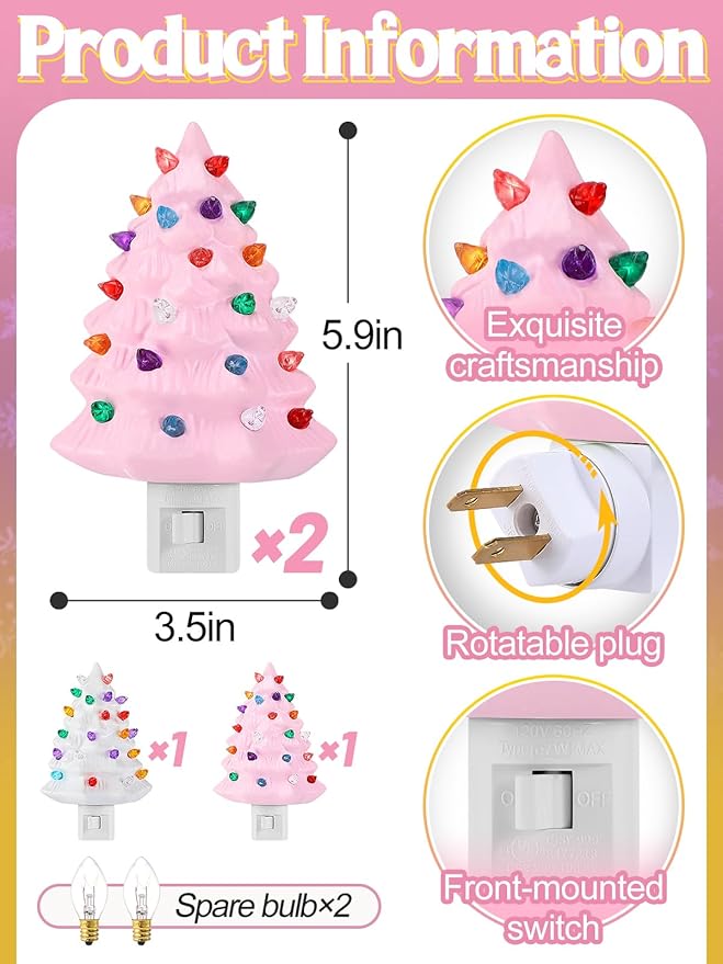 Bigmeta 2 Pack Vintage Christmas Tree Night Light Decor - 360° Rotating Plug Resin Decorations for Home Bedroom Bathroom Christmas Holiday Gifts, White & Pink