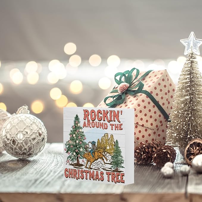 Christmas Rockin Around The Tree Sign Western Cowboy Sign Christmas Tree Decor Winter Desk Accessories Decorations for Table Home Shelf Office Gifts for Women 5 X 5 Inch