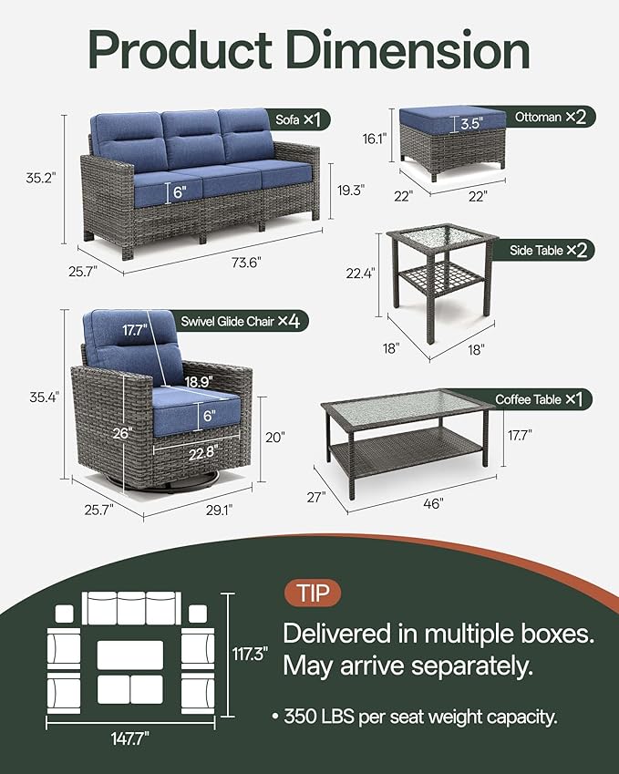 Luxury 10-Piece Patio Furniture Set with 6-Inch Thick Cushions, Outdoor Couch and Swivel Rocker Chairs, Wicker Conversation Set for Porch, Deck, Yard, Pool in Blue