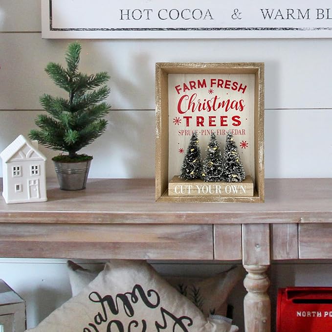 Christmas Decorations for Home Farmhouse LED Lighted Farm Fresh Christmas Tree Decor with Timer Wooden Table Winter Sign Winter Vintage Holiday Block Vintage Holiday Block Xmas Party Decor