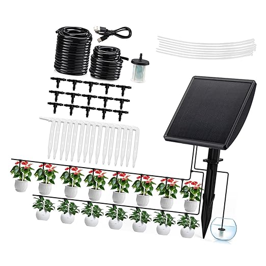 Automatic Plant Waterer Indoor, Drip Irrigation Systems for Potted Plant, Solar Powered Vacation Plant Watering Devices with Battery Alerts and Timer for for Housplants, Garden Irrigation