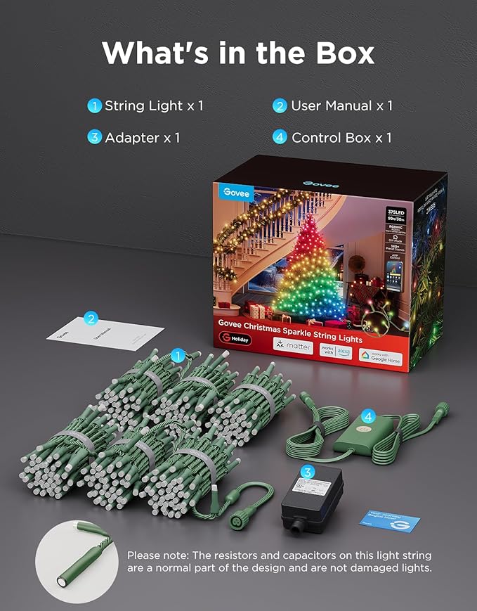 Govee Christmas Sparkle String Lights 99ft, RGBWIC String Lights with 375 Bullet-Head LEDs, App-Controlled, 140+ Scene Modes, Shape Mapping, Music Sync, Works with Alexa, Indoor Holiday Decorations
