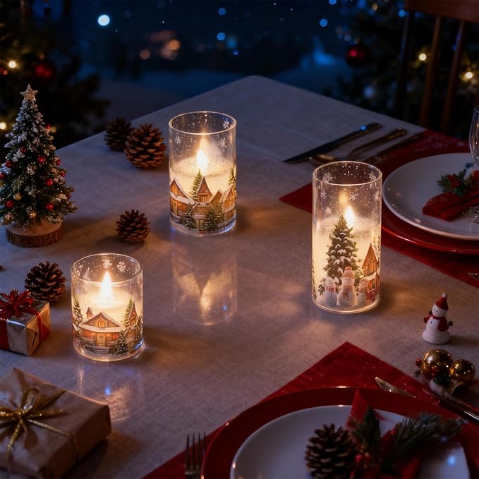 Wondise Chrismtas Snowman Glass Flameless Candles with Remote Timer, Battery Operated Real Wax LED Flickering Pillar Candles with Christmas Tree Decal for Christmas Decoration