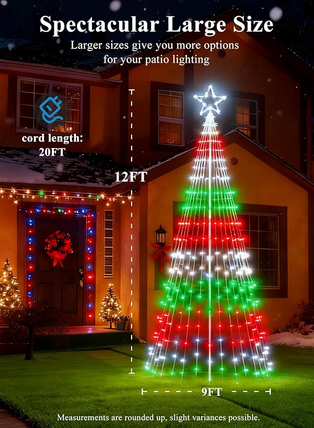 12FT Christmas Tree Lights with 355 LEDs, RGB Color Changing String Lights with Remote & Smart App Control, 52+ Modes, IP67 Waterproof Waterfall Lights with Pole for Xmas Outdoor Decorations